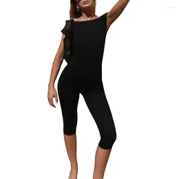 Active Sets Women Wrapped Romper Backless Round Neck Short Sleeves Summer Street Jumpsuit Yoga Pants Set Sportwear