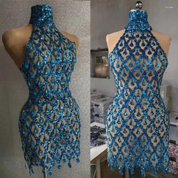 Stage Wear Blue Big Stones Stretch Dress Sexy Transparent Sequins Dresses Women Party Evening Birthday Celebrate Outfit Costume 6857