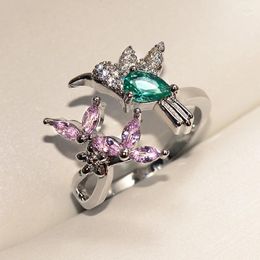 Cluster Rings Unique Chic Bird And Flower Opening For Women Creative Inlaid Pink Green Zircon Adjustable Jewellery Gift