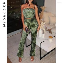 Women's Two Piece Pants Set Women Tie Dyed Print Outfits Sexy Strapless Corset Crop Top High Waist Flare 2023 Spring Fall Birthday Suit