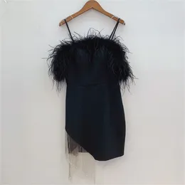 Party Dresses Cocktail Mini Dress Halter Feather Tassel Beaded Simple Senior Prom Black 2023 Summer