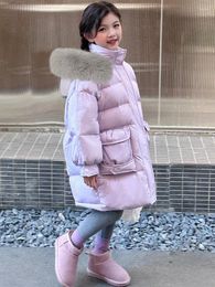 Down Coat Girls Winter Faux Fur Hooded Cotton Padded Pink Solid Parkas Children Thick Warm Loose Kids Snowsuit XMP502