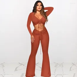 Women's Two Piece Pants Knit Rib Drawstring Ruched 2 Sets Womens Outfits Long Sleeve Crop Top Flare Pant Suits Matching Clubwear Wholesale