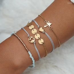 Link Bracelets Simple Woven Coconut Tree Heart Fine Bracelet Golden Hand String Copper Sheets Small Beads Map Jewelry Set Of 5 Stack