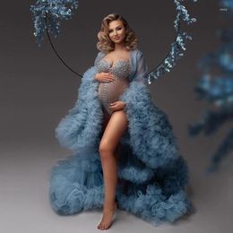 Casual Dresses Pretty Blue Ruffles Tiered Tulle Maternity Long Robes Sexy Open Front Puffy Mesh Pregnant Women Gowns For Pography