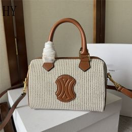 Designer Luxury Small Boston Natural Textile And Tan Brown Calfskin Canvas Leather 2Way Handbag 197582 7A Best Quality