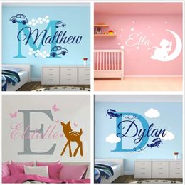 Wall Stickers JOYRESIDE Personalized Names Wall Sticker Home Bedroom Custom Name Girl Car Airplane Angel Deer Dinosaur Whale Crown Decal 231020
