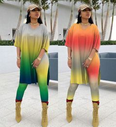 Women's Two Piece Pants Selling Gradient Casual Suit For Womens Sexy V-neck Split Loose Top And Bodycon Long Set Nightclub