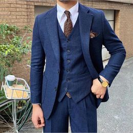 Men's Suits 2023 Herringbone Men Notched Lapel Two Buttons 3 Pieces Formal Business Wedding Tuxedos Blazer Vest Pants Costume Homme