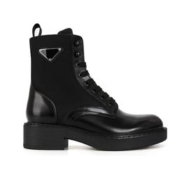 Botas clássicas de cano médio de couro envernizado e nylon com cordões, botas de combate de tornozelo, botas de tornozelo de salto baixo, designers de marcas de calçados de fábrica