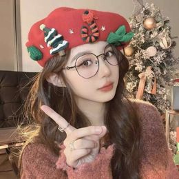 Christmas Hat Fashion For Kids And Adults Sweet Christmas Elements Red Wool Niberet Children's Winter Warmth Versatile Student Artist Hat Trend