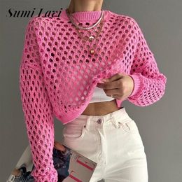 Women's Sweater Round Neck Long Sleeve Pullover Knitwear Y2k Multicolor Knitted Crop Top Summer Fishnet Hollow Out Smock Crochet Sweater 231020