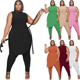 Women's Two Piece Pants 2023 2 Sets Womens Outfits Solid Color Sleeveless Wave Edge Strap Asymmetrical Top Tight Long Casual Suit