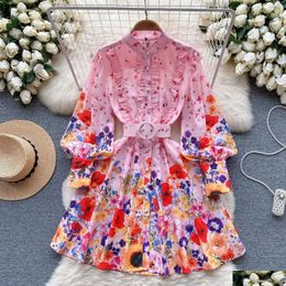 Basic Casual Dresses 2024 A Line Runway Designer Cotton Linen Mini Dress Women Stand Lantern Sleeve Single Breasted Floral Print B Dhe89