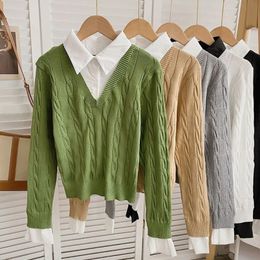 Women's Knits Tee's Patchwork Shirt Cable Knitted Sweater Pullover Tops Trendy Casual Button Long Sleeve Shirt 2 in 1 Pullover Blouse Tops 231020