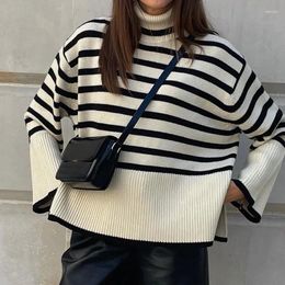 Women's Sweaters Women Turtleneck Sweater Pullover Striped Knitwear Vintage Long Sleeve Knitted Top Casual Loose Jumpers Woman Trafza Ins