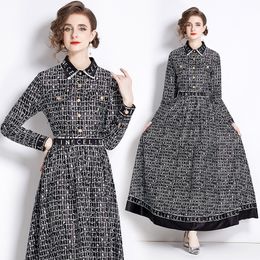 Long Sleeve Black Maxi Dress Women Designer Fit and Elegant Printed Flare Dress Office Ladies Lapel Button Slim Shirt Frocks Casual Vacation Party Vestidos Robes