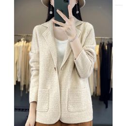 Women's Knits FRSEUCAG Pure Wool Knitted Polo Cardigan Sweater Versatile Full Sleeve Autumn/Winter Coat