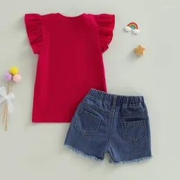 Clothing Sets 4th Of July Kids Girls Outfits Letter Stars Stripe Flag Print Sleeve T-Shirts Frayed Ripped Denim Shorts 2Pcs Clothes Set