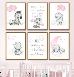 Paintings Baby Girl Room Decoration Pictures Elephant Zebra Teddy Bear Pink Nursery Cute Wall Art Canvas Painting Nordic Posters A8069294