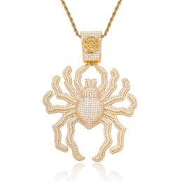 New Fashion Yellow White Gold Plated Bling CZ Latge Spider Pendant Necklace for Men Women Hip Hop Jewellery with 3mm 24inch Rope Chain