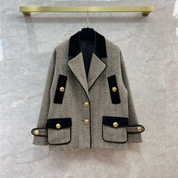 03 Herbst Khaki Gestreifte getäfelte Tweed-Jacke Langarm Reverskragen Doppeltaschen Einreihige Jacken Mantel Kurze Oberbekleidung