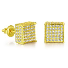 Hip Hop Iced Out Gold Colour Micro Paved Zircon Square Stud Earring with Screw Back Bling Jewellery For Men Women