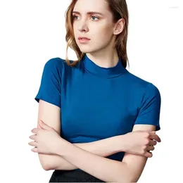 Women's Blouses 2023 Fashion Short Sleeve Women Shirts Brand Cotton Half Turtleneck Tops For High Elasticity Knitted T-Shirts 10 Color