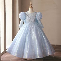 Graceful Shiny Lace Flower Girl Dresses For Wedding Sky Blue Blingbling A Line Long Sleeves Toddler Pageant Party Gowns Tulle Sweep Train First Holy Communion