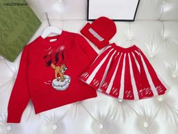 New Knitted suit for baby Cartoon pattern jacquard Girls Dress suits Size 100-160 sweater and pleated skirt Knitted hat Oct20