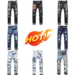 Designer jeans mens pants linen pants Hip Hop Men White Black Jeans Distressed Ripped Biker Slim Fit Motorcycle Denim For Men Street Style Trousers