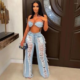 Women's Two Piece Pants 2023 Solid Colour Denim Suit Fashion Sexy Spaghetti Strap Bra High Waist Ripped Wide-Leg Jeans