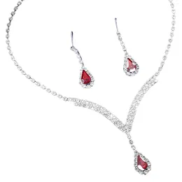 Necklace Earrings Set Women's Shiny Rhinestone Jewelry Charm Red Crystal Pendant Gifts For Women And Bridesmaids Girls