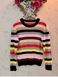 2023 Autumn Colorful Striped Print Cardigan Sweater Long Sleeve V-Neck Knitted Pullover Style Sweaters Tops WS3O21