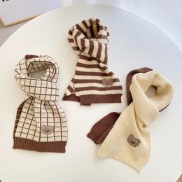 Scarves Children's Scarf Boys Girls Baby Winter Warm Scarf Striped Knitted Cape Wool Neck Collar Warm Accessories Embroidered Bear Style 231021