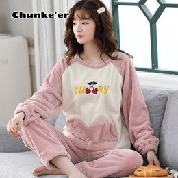 Women's Two Piece Pants Pyjamas Women's Winter Thickened Coral Velvet Pullover Long Sleeve Autumn And Lovely Home Suit Korean Flannel Women 231021