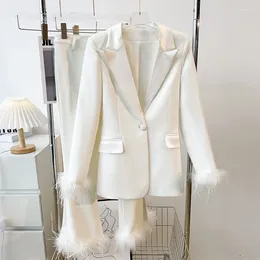 Men's Suits Luxury Spring Women Fur Design Street Feathers White Wear Two Pieces Suit Blazer Pants Sets Top Quality