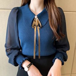 Women's Knits Tee Patchwork Sweater Chiffon Lantern Sleeve Turn-down Collar Pullover Office Lady Sweater For Women Autumn Winter 231020