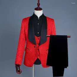 Men's Suits Men Red Pattern And Black Groom Tuxedos Shawl Satin Lapel Groomsmen Wedding Man ( Jacket Pants Vest Tie ) C702