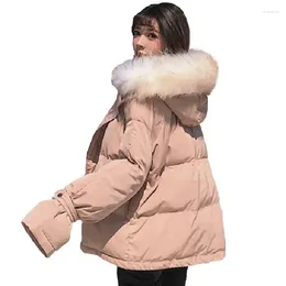 Women's Trench Coats 2023 Tide Women Winter Jacket Parka Short Fur Collar Hooded Plus Size Loose Cotton Coat Pink Padded Overcoat Female