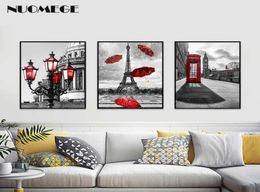 Black and White Tower Red Umbrella Canvas Painting Paris Street Wall Art Poster Prints Decorative Picture for Living Home X07266583071