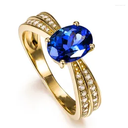 Cluster Rings Women's Retro Goldplated Double Row Inlaid Oval Blue Zircon Wedding Ring Ladies Fashion Jewelry Gifts R0729
