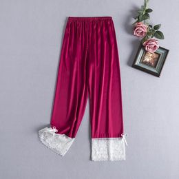 Women's Sleepwear Plus Size Elastic Waist Sleeping Pants Silk Satin Lace Nightwear Sleep Bottoms Trousers Homewear Sleep Bottoms Lounge Pants 231021