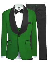 Men's Suits Brand Groomsmen Green Groom Tuxedos Shawl Black Satin Lapel Men Wedding Man ( Jacket Pants Vest Tie ) C492