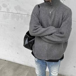 Men's Sweater Vintage Grey Black Zipper Cardigan Sweaters Hooded Casual Wool Knit 24SS
