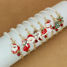 Charm Bracelets Christmas Tree Snowflake Bell Snowman Deer Santa Claus For Women Imitation Pearl Bead Pendant Bangle Jewelry