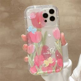 Cell Phone Cases INS Aesthetic Korean Flower Butterfly Transparent Case For iPhone 14 13 11 12 Pro Max Floral Tulip Protective Soft Cover 231021