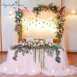 Decorative Flowers Wreaths 1.8M Willow Leaf Table Flower Runner Artificial Green Plant Vine Garland Floral Row Home Deco Wedding Event Centerpiece Supplies 231020