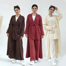 Ethnic Clothing Muslim Women Matching Set Kimono Cardigan Belted Tops Pants 3 Pieces Dubai Turkey Kaftan Abaya Islamic Dress Robe Suit