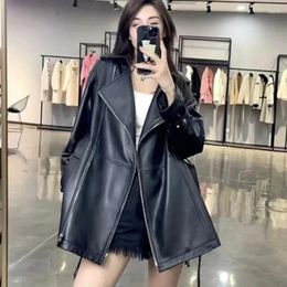 Women's Leather 2023 Spring And Autumn Fashion Sheepskin Coat Mid Length Loose Suit Collar Motorcycle Jacket